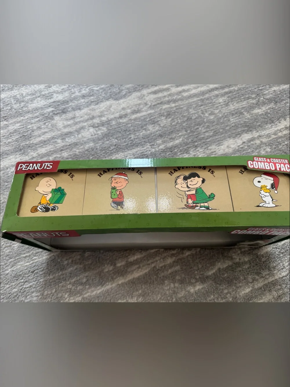 Peanuts Pint Glass Set with White Glasses and Green Box Accents